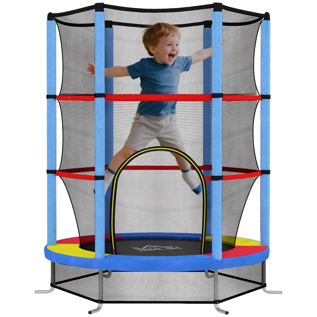 Tappeto Elastico per Bambini 3-6 Anni con Rete di Protezione, 6 Colonne e 3 Ingressi, ?140x190 cm, Multicolore