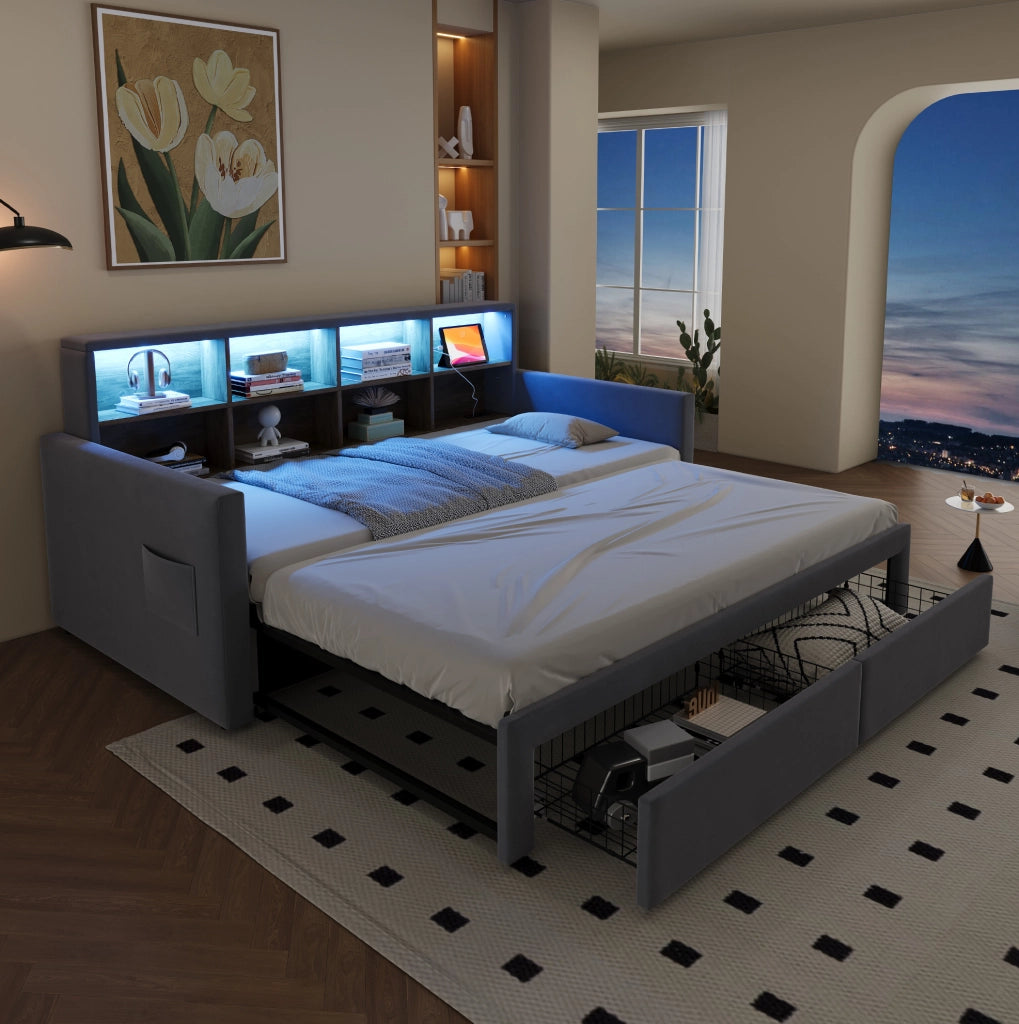 Divano letto imbottito estensibile con contenitore e luce LED