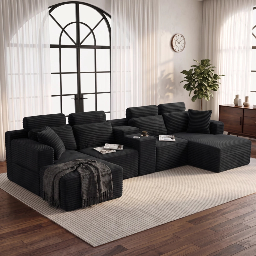 Divano Angolare Modulare a U 372 cm Cloud Sofa con Portabicchieri Integrati; Nero