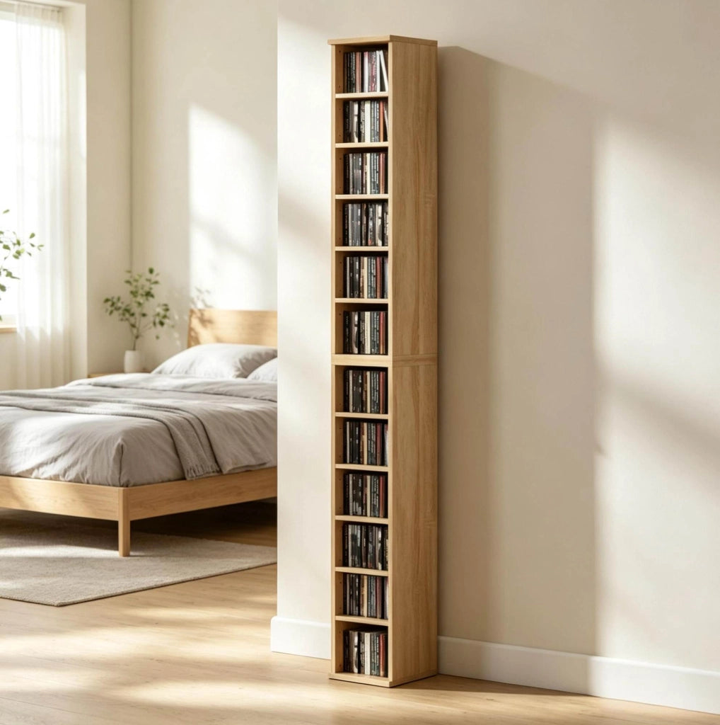 Set di 2 armadietti porta CD con colonne a scaffale, 12 scomparti, 21x22,5x88,5 cm, capacità 204 CD, colore rovere