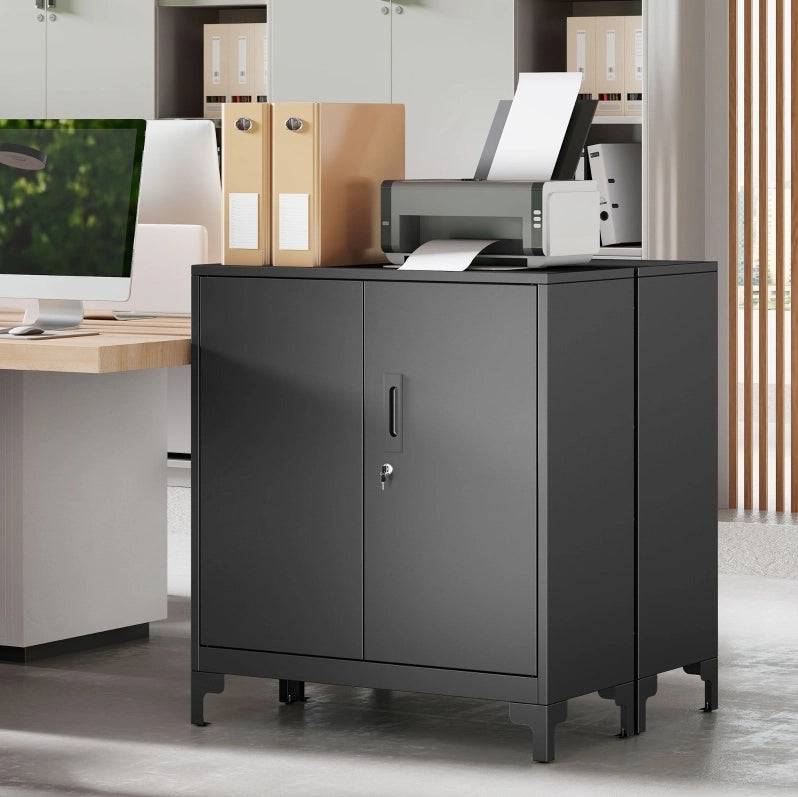 Armadio da ufficio in metallo con porte chiudibili, design a 2 livelli, colore nero