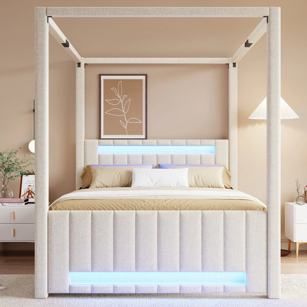 Letto a baldacchino imbottito 140x200 cm per adulti con letto estraibile; LED e 3 cassetti; lino beige