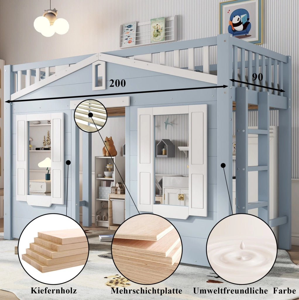 Letto a castello per bambini con scala reversibile e finestra decorativa