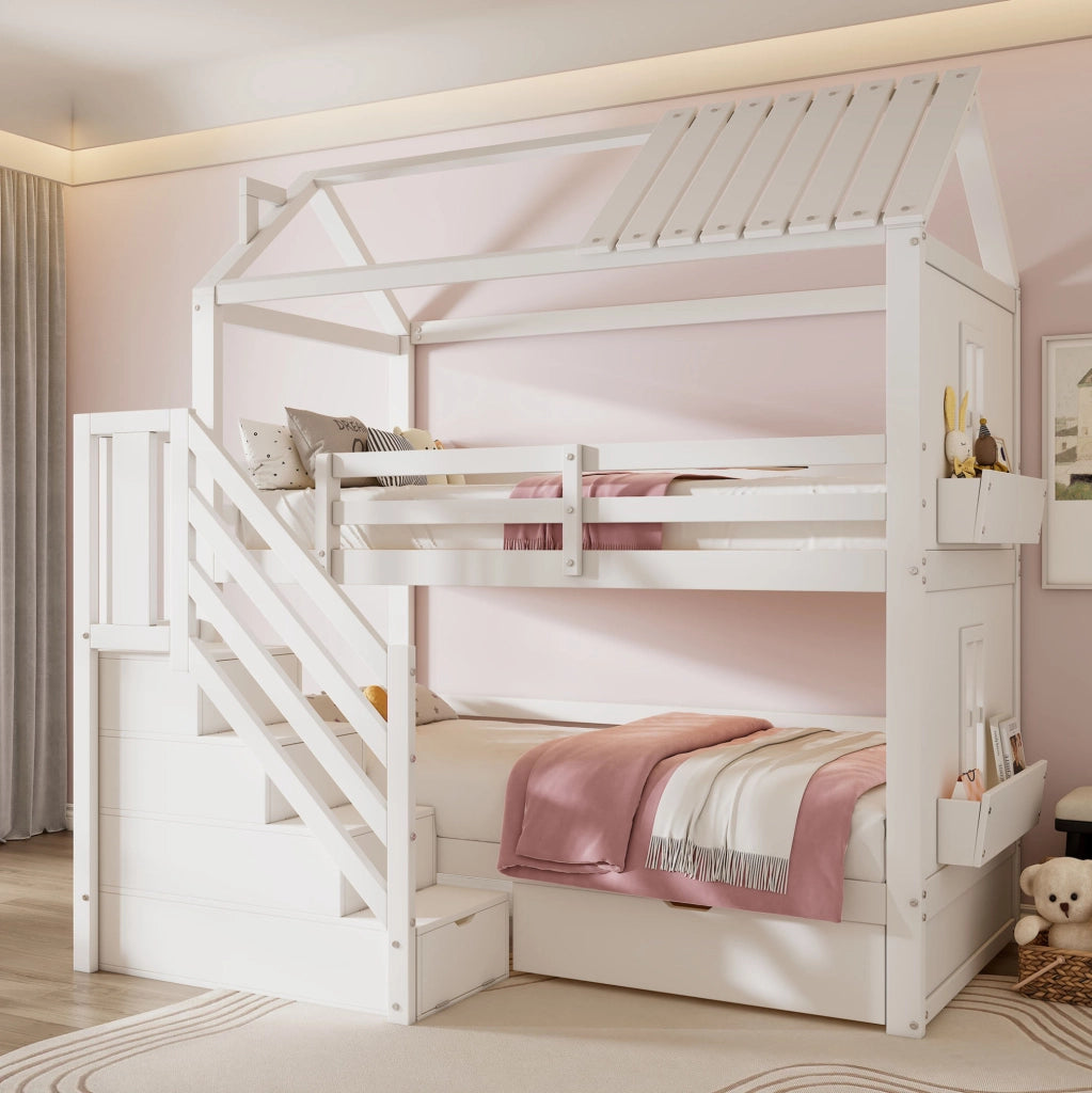Letto a castello per bambini 90x200 cm con scala contenitore, cassetti e ripiani in pino e MDF bianco