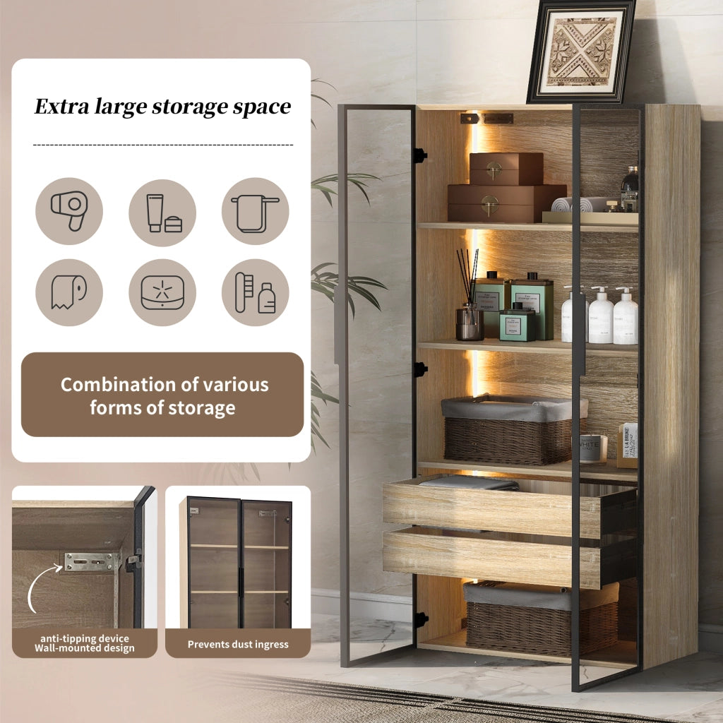 Armadio da bagno con LED a colori, 2 ante in vetro, 2 cassetti e ripiani aperti, per bagno e camera, in MDF naturale