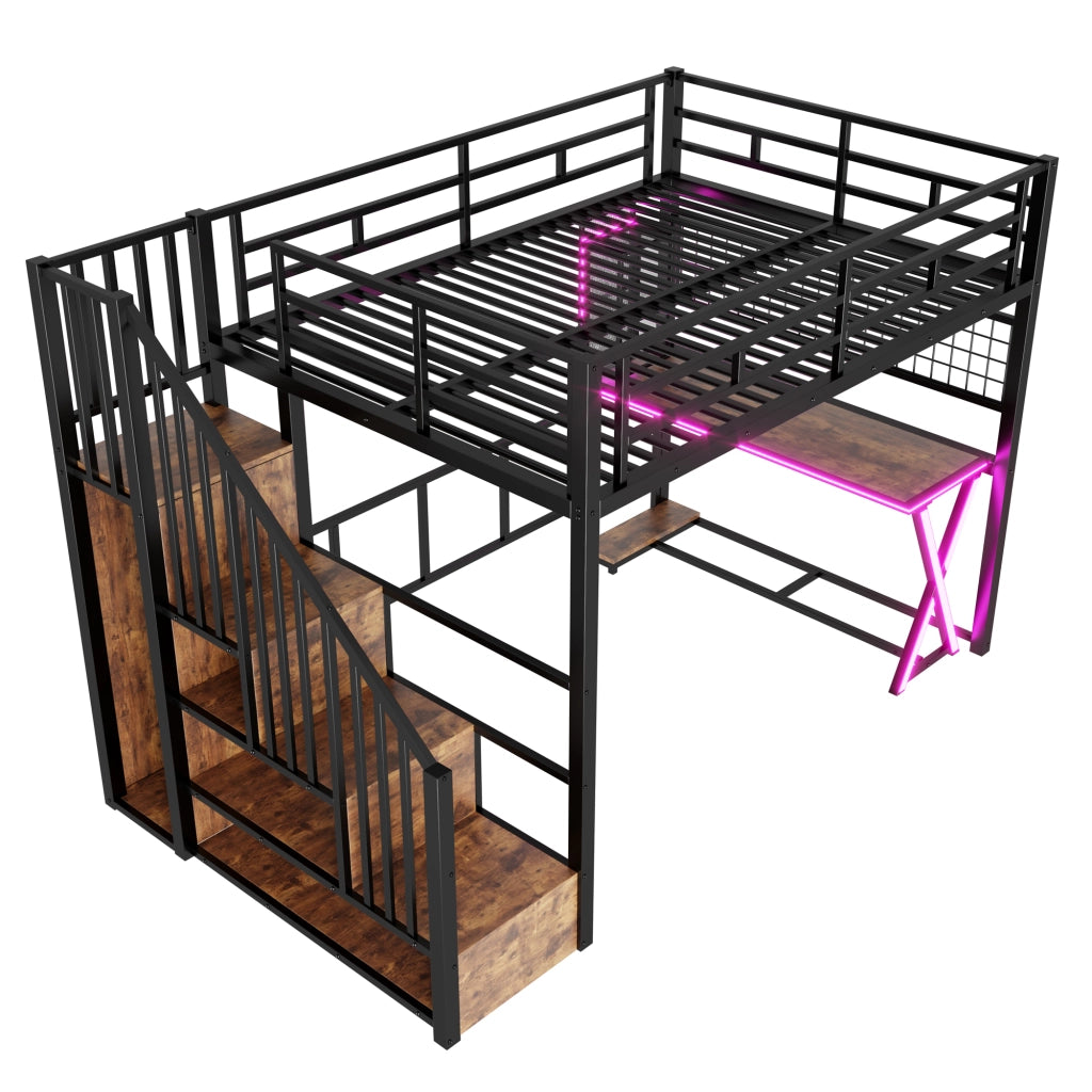 Letto a Soppalco 140x200 cm con Scrivania; Armadio; LED; Scala e Sponde; Nero