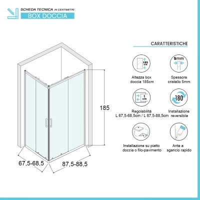 Box doccia 70x90 angolare doppio scorrevole con vetro temperato trasparente e profili cromo Geo