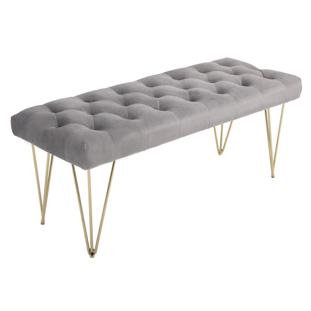Panca imbottita in velluto grigio chiaro con struttura in ferro; 116 x 44;5 x 49 cm
