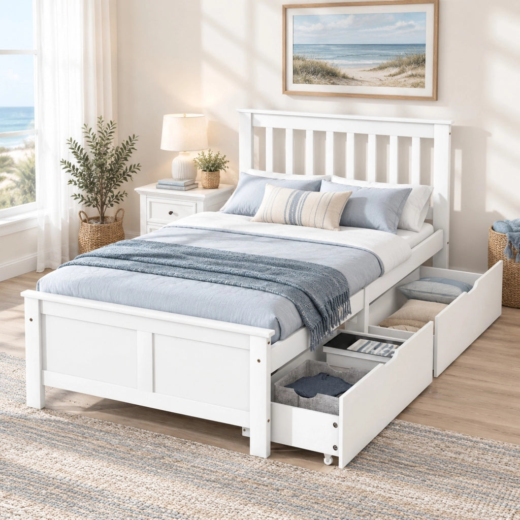 Letto singolo in pino bianco 90x200 cm con 2 cassetti e rete a doghe