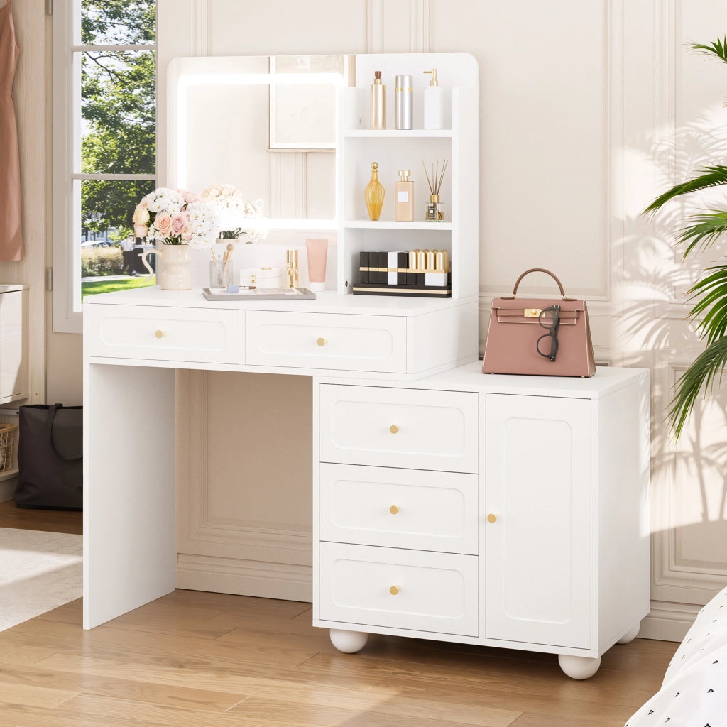 Tavolo da trucco 80x39;8x127 cm con specchio LED a 3 modalità; 5 cassetti; anta e ripiani; bianco