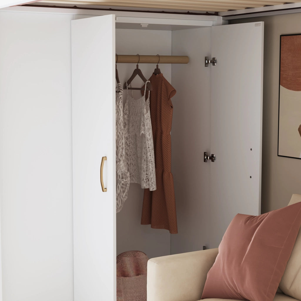 Letto a Soppalco 90x200 cm con Armadio, Mensole e Scala con Ripiani, Bianco