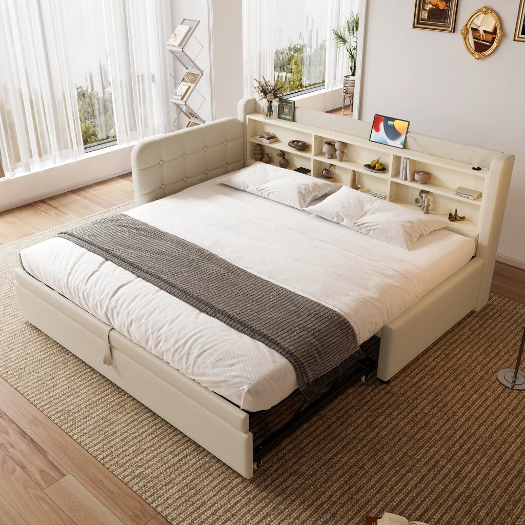 Divano Letto Estraibile 90/180x200 cm in Lino con USB-C; Scaffali; Testiera; Rete a Doghe; Beige