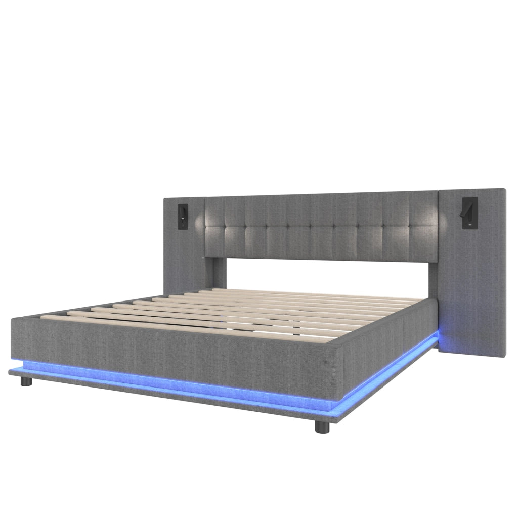 Letto imbottito 180x200 cm in lino grigio con striscia LED, testiera con spot e porta USB, senza materasso