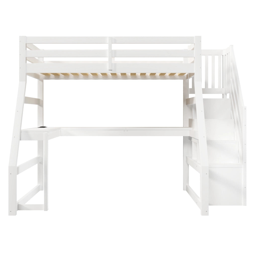 Letto a soppalco in legno 90x200 cm con scrivania; scala con contenitore e LED; bianco