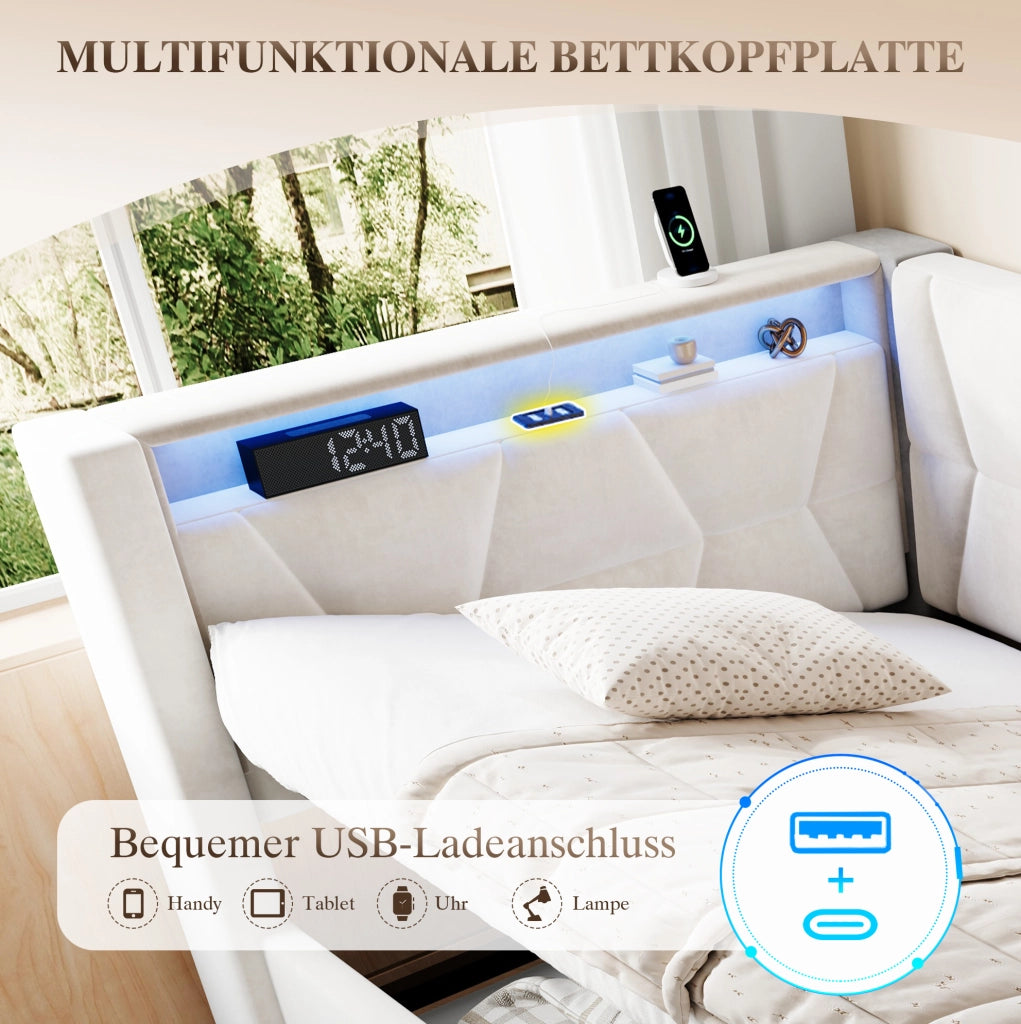 Letto imbottito beige 90 x 200 cm con contenitore, LED, USB e Type-C