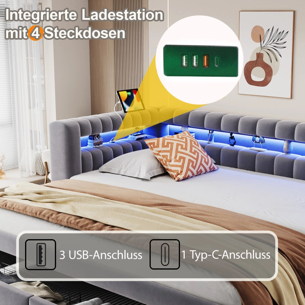 Divano letto 90 × 190 cm trasformabile in letto 180 × 190 cm con cassetti LED USB rivestito in velluto grigio