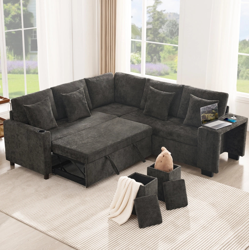 Divano angolare letto L, 5 posti con pouf contenitore, tessuto chenille grigio, USB e USB-C, braccioli larghi, con cuscini inclusi