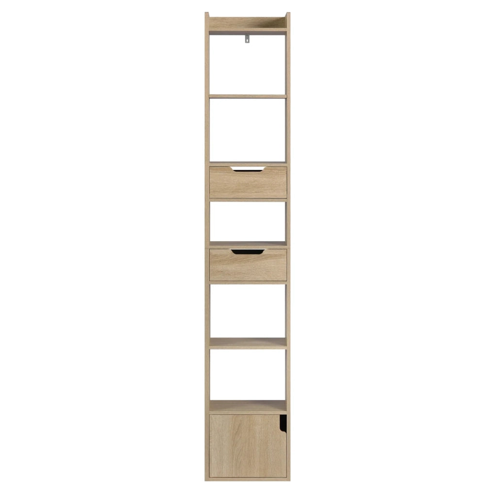Libreria verticale moderna in legno E1, 33x181x24 cm, color rovere chiaro, con ripiani e cassetti