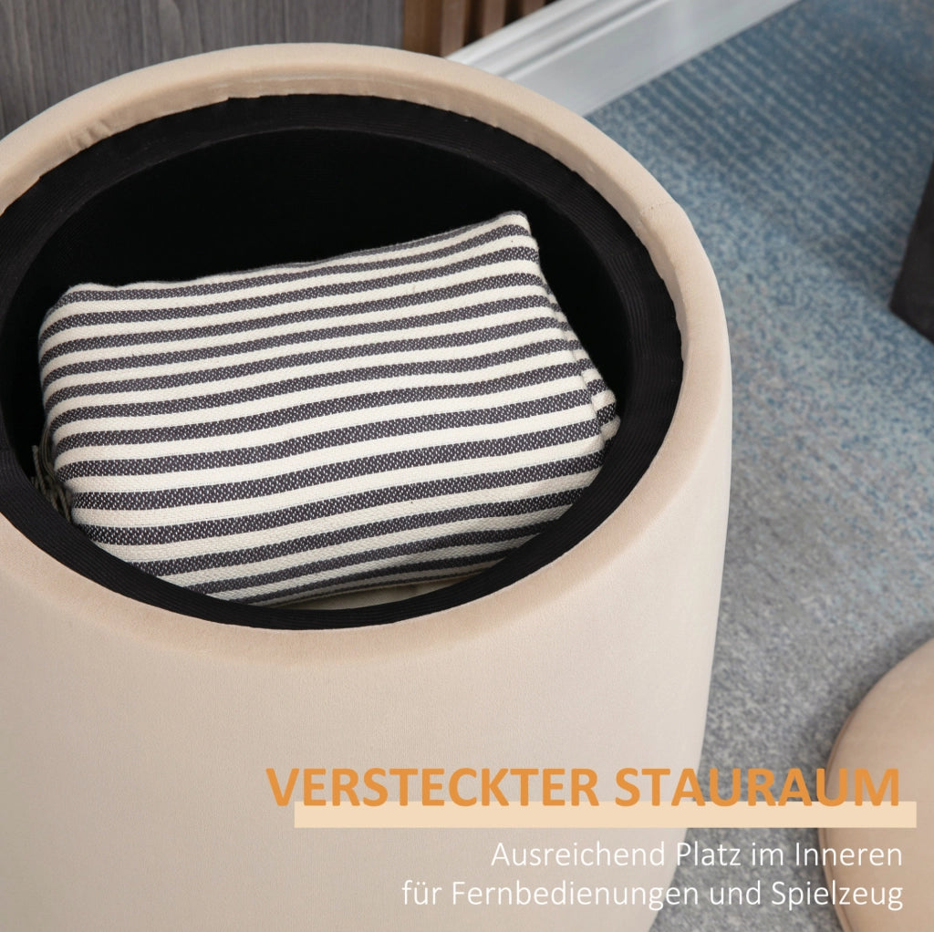 Pouf contenitore rotondo beige con coperchio reversibile Ø44 cm