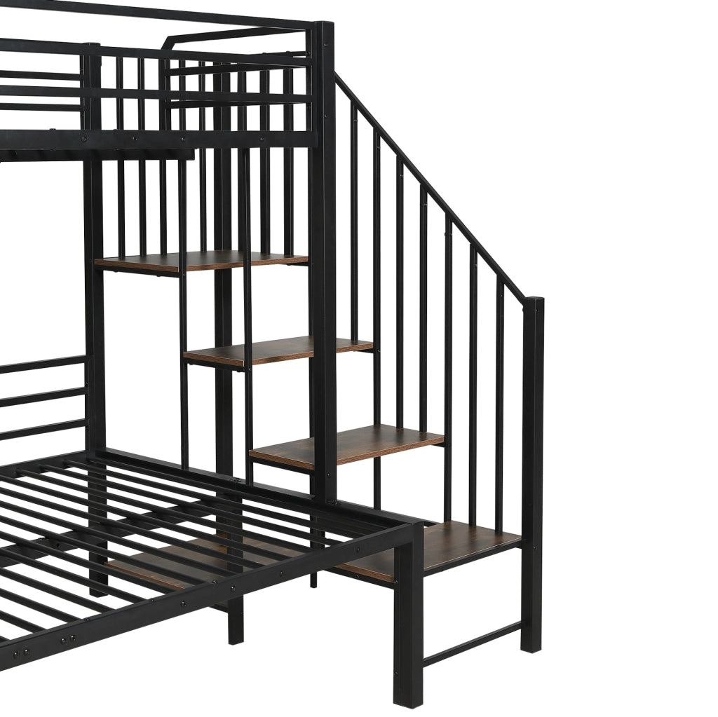 Letto a castello 90x200 / 120x200 cm in metallo e MDF; nero; con scaletta ad angolo con contenitore