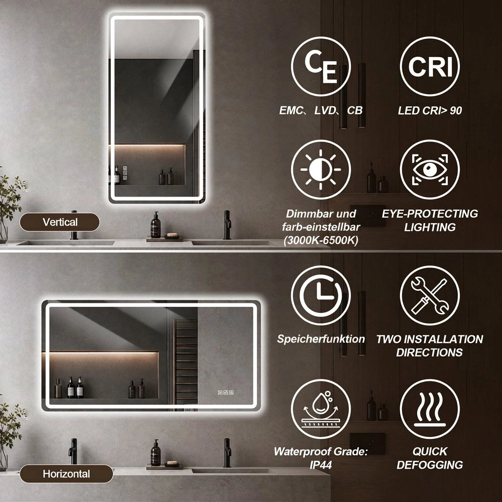 Specchio da bagno LED senza cornice illuminazione frontale e posteriore 3 tonalità dimmerabile IP44 60 × 100 cm