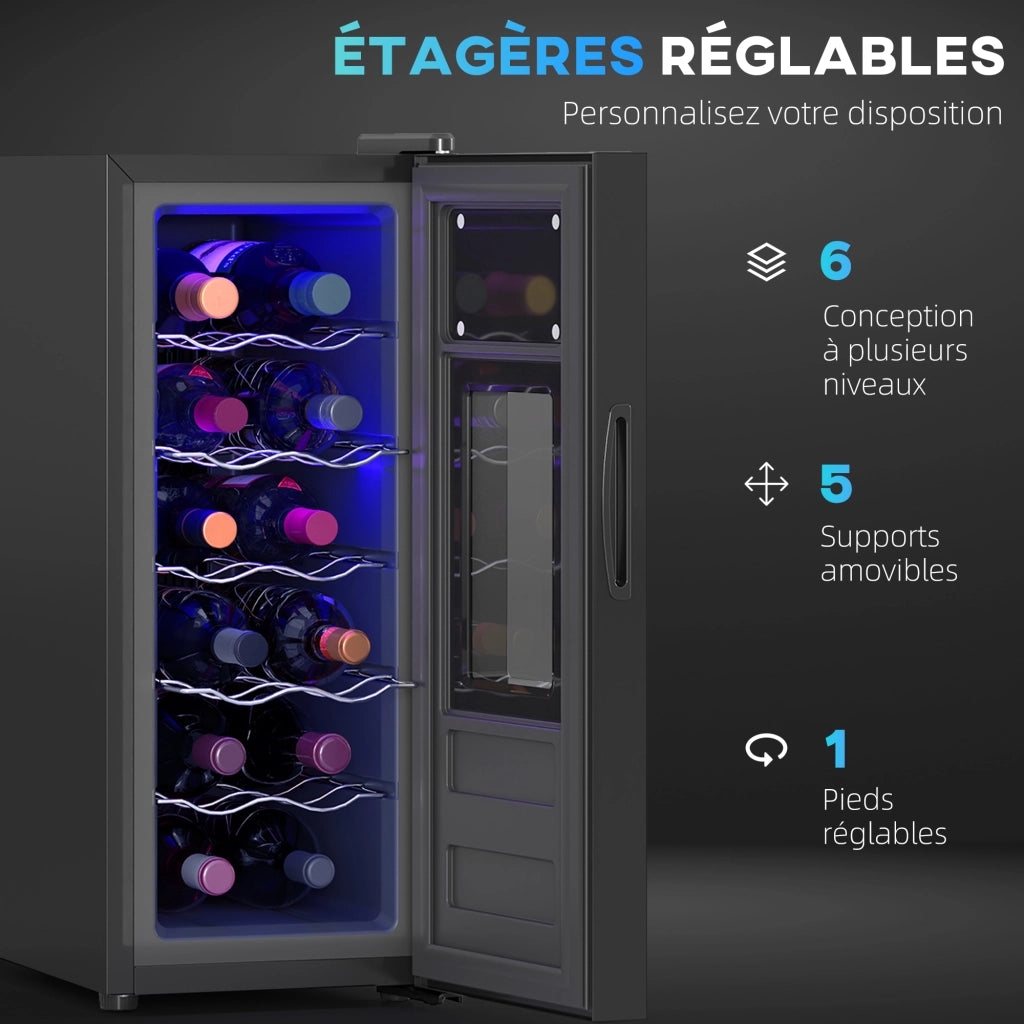 Cantinetta vino 12 bottiglie 30L termoelettrica silenziosa con porta in vetro display digitale e luce LED nero