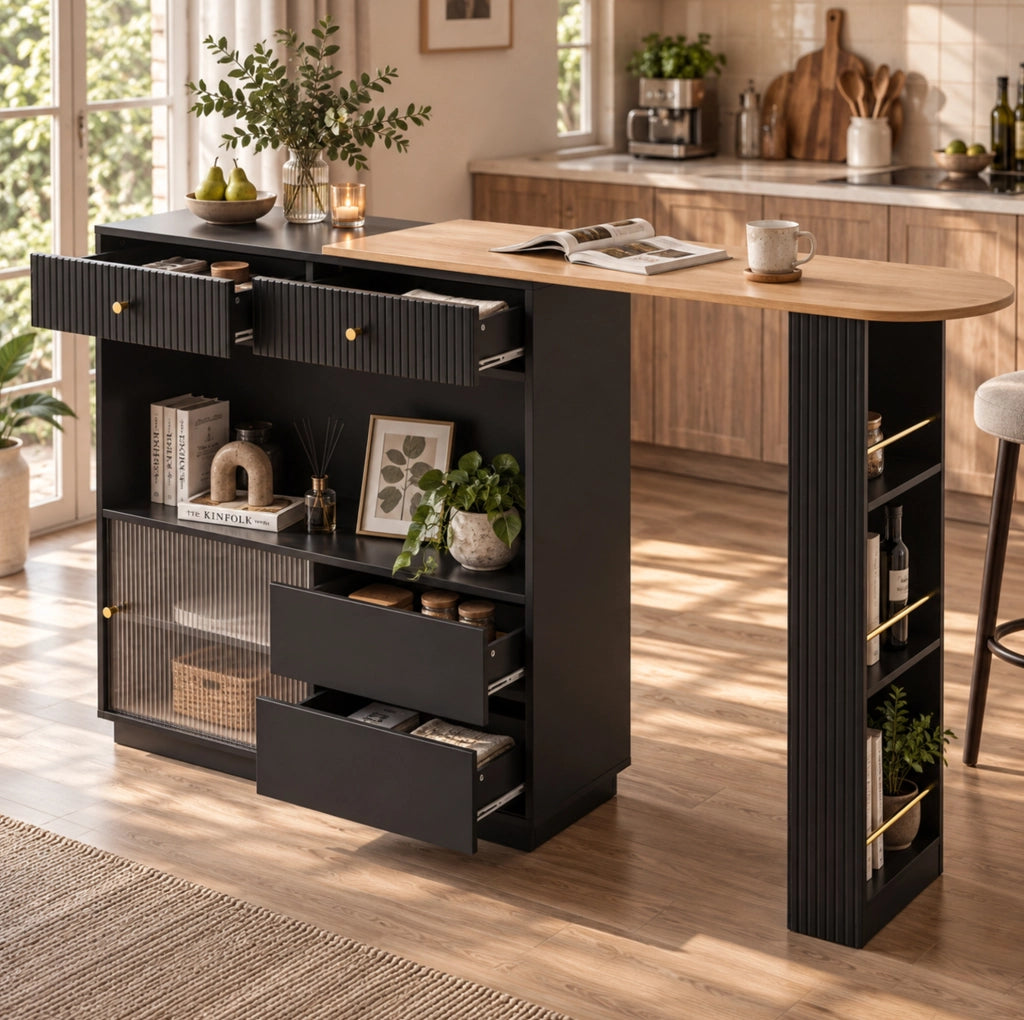 Isola cucina girevole 360° con bancone bar; contenitore e LED; estensione max 183 cm; nera HOMVRA