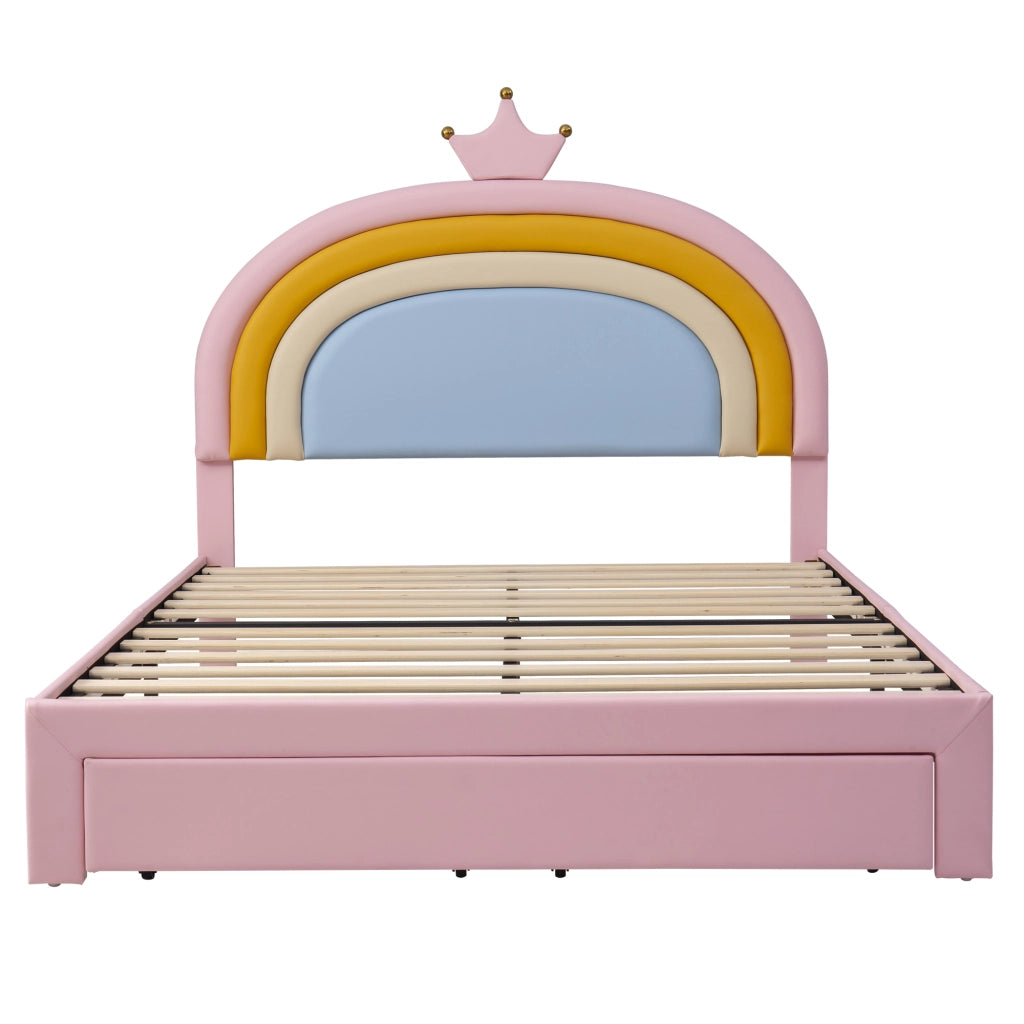 Letto per bambini 140 × 200 cm con 2 cassetti e testiera regolabile, senza materasso, con rivestimento in PU rosa