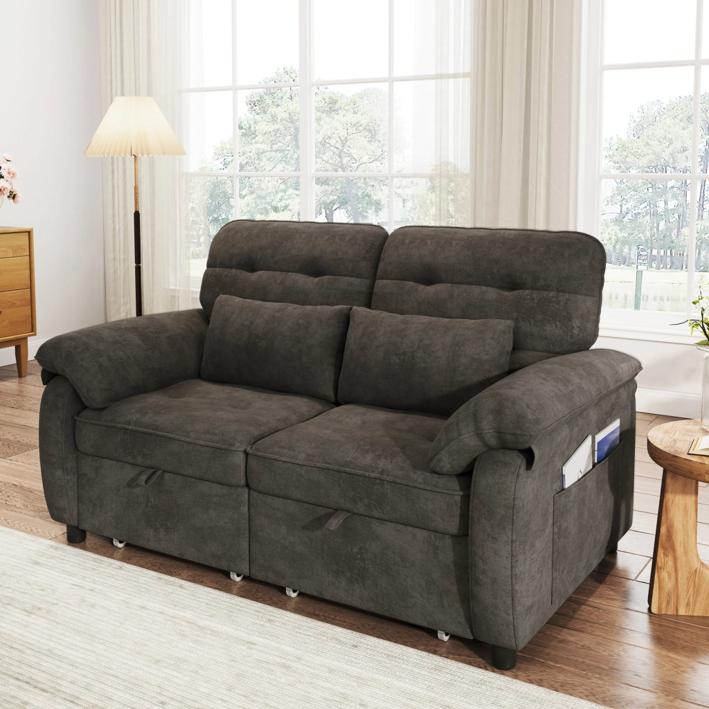 Divano letto 3 in 1 in tessuto Chenille grigio con due cuscini e schienale regolabile