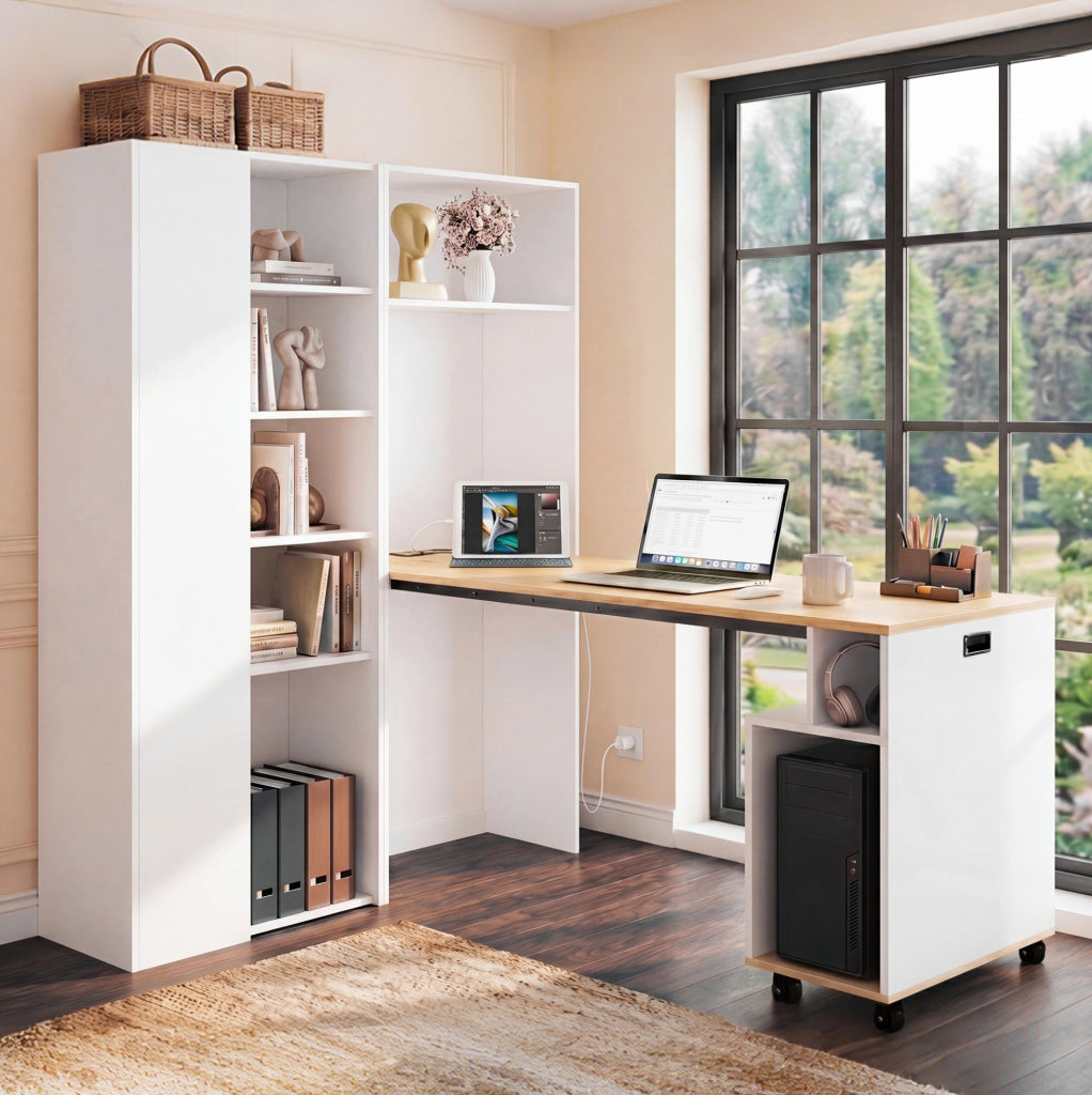 Scrivania pieghevole 2 in 1 con libreria, presa UE e USB in MDF bianco 104,5x30,5x160 cm