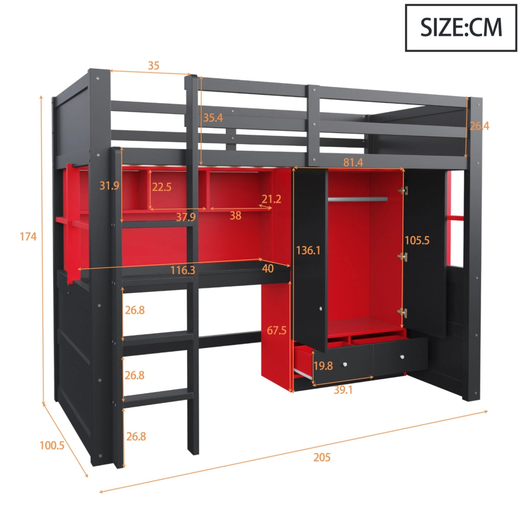 Letto a soppalco per bambini 90x200 cm con scala, armadio, cassetti e scrivania integrata, colore nero e rosso