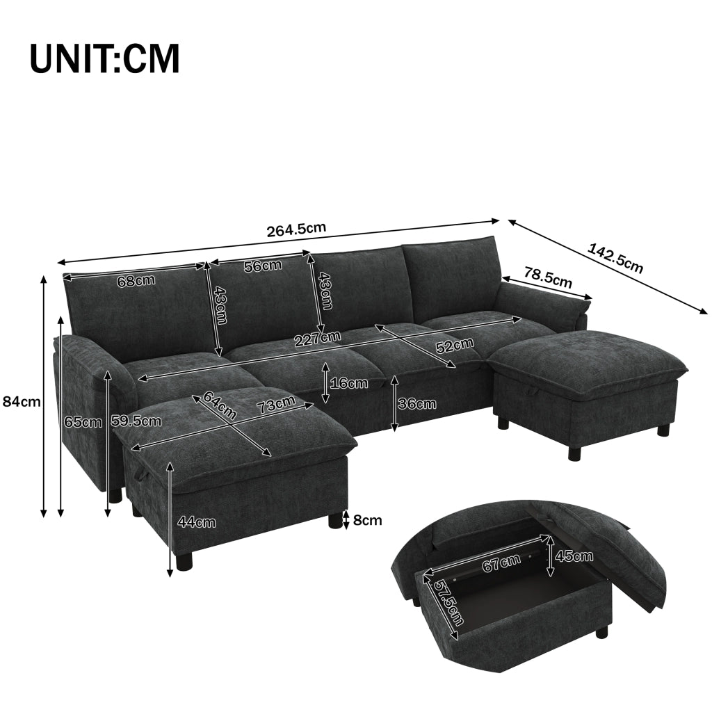 Divano panoramico a U in ciniglia nero con 2 pouf contenitore e schienale alto 264.5 × 142.5 × 84 cm