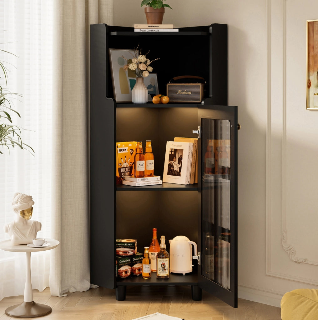 Mobile angolare nero con LED, ripiani aperti e vetrina in MDF