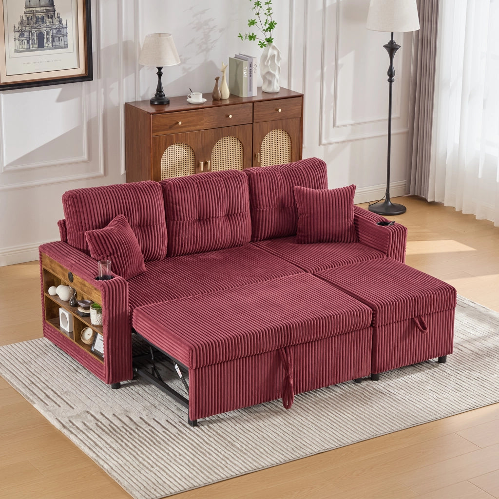 Divano letto modulare con contenitore; USB-C e LED - in velluto a coste - rosso vino