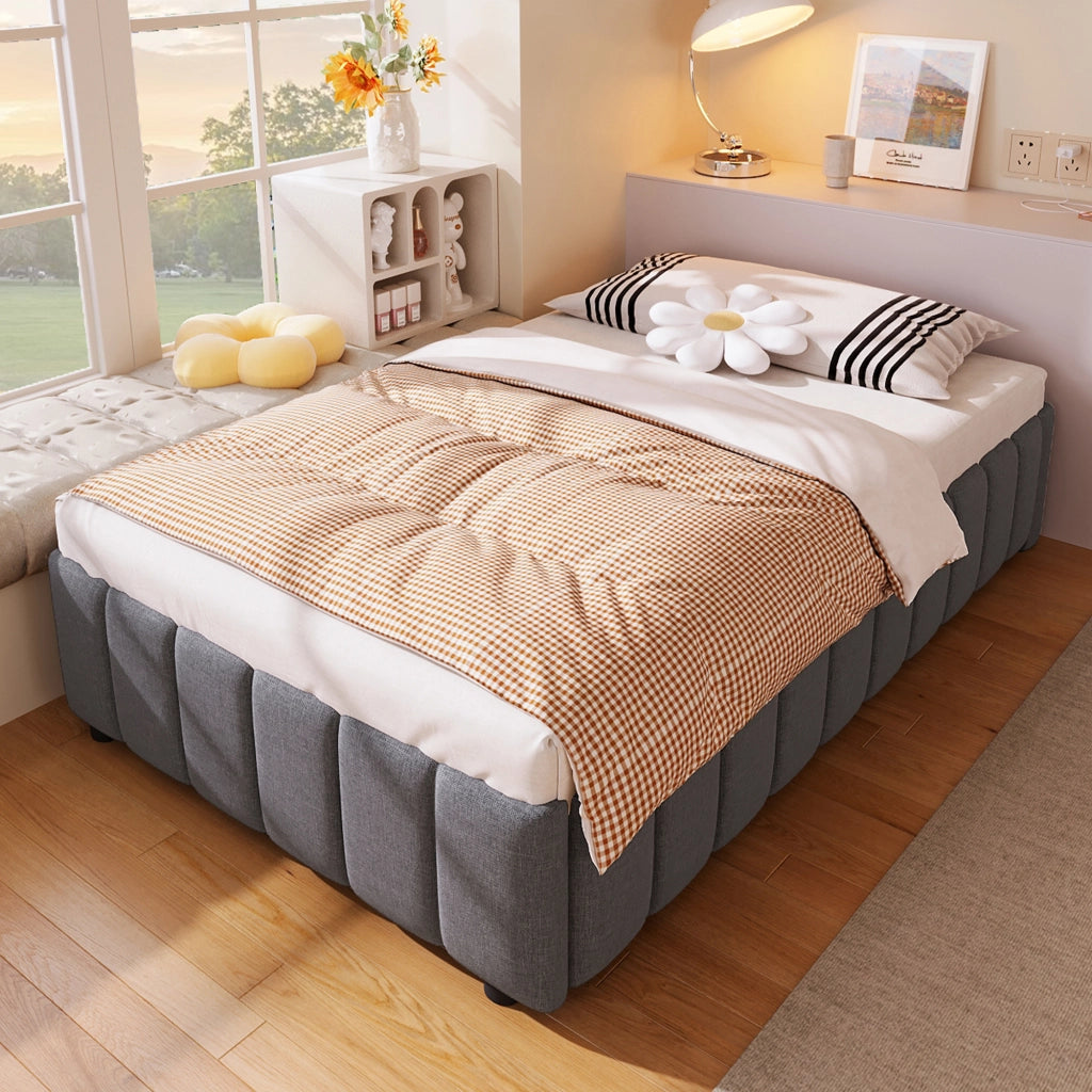 Letto contenitore singolo 90 × 200 cm con sollevamento idraulico; senza materasso; in lino e MDF; grigio