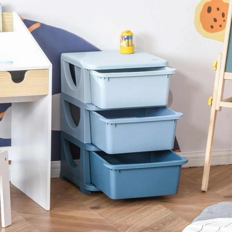 Scatole portaoggetti per bambini, 3 cassetti, bordi arrotondati, design in rilievo, 37x37x56,5 cm, blu