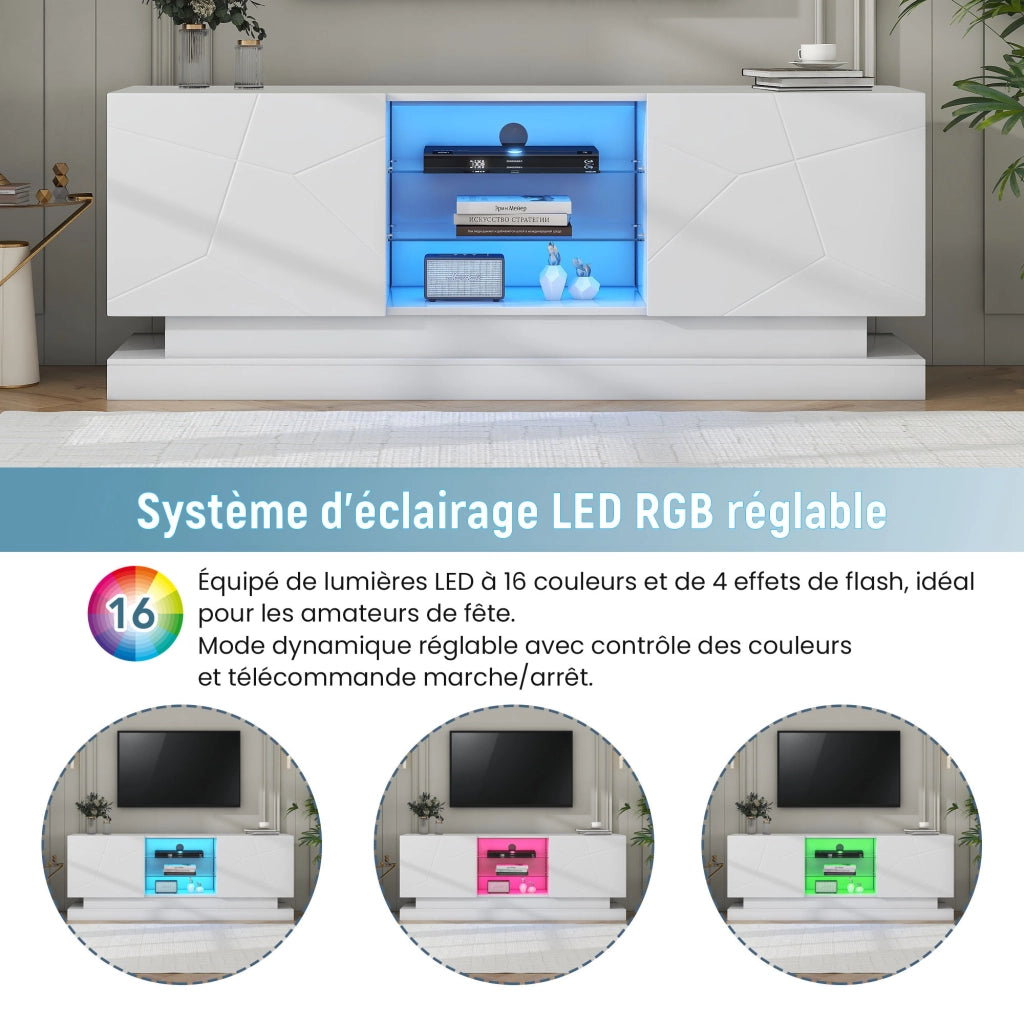 Mobile TV con ripiano in vetro regolabile e 2 vani; per TV fino a 70 pollici; bianco 160 × 38.5 × 60 cm