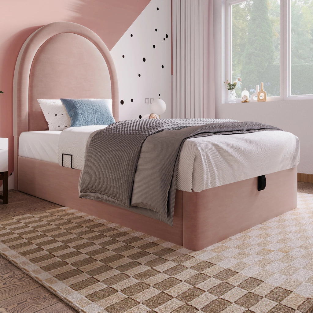 Letto imbottito rosa con contenitore 90 x 190 cm in velluto