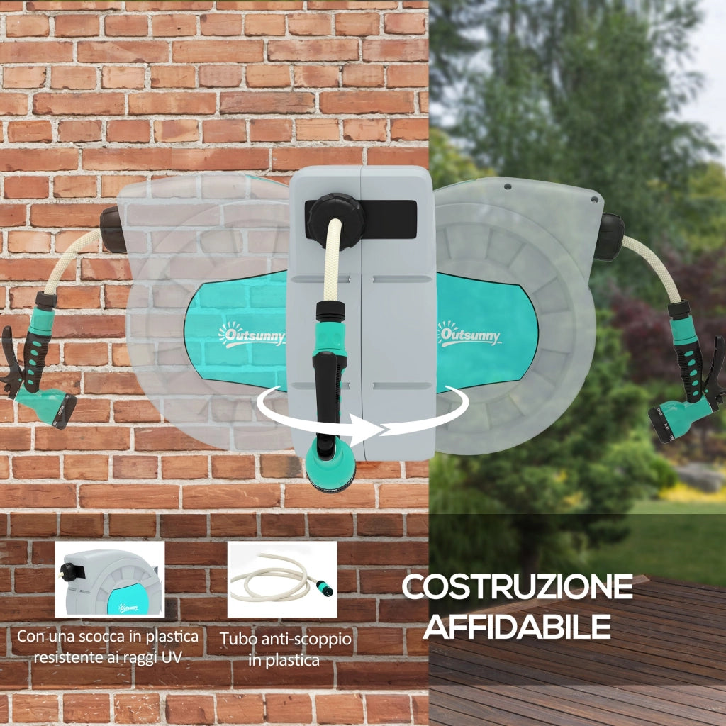 Avvolgitubo Automatico a Parete e Portatile Lunghezza 30+2 m con Sistema di Blocco e 7 Getti Verde e Grigio