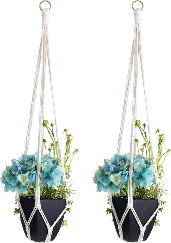 Sostegni per piante a rete in macramé - 2 pezzi, sostegni per piante in tessuto di cotone, appoggio per piante con 2 ganci metallici per interni e esterni, decorazione per balcone e parete.