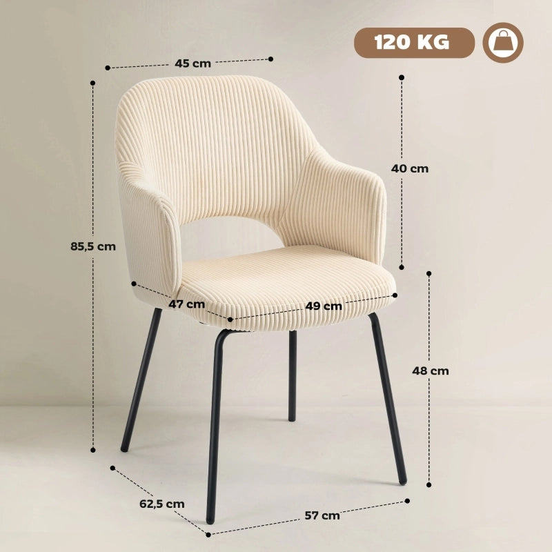 Sedia da pranzo con braccioli imbottita in velluto a coste beige