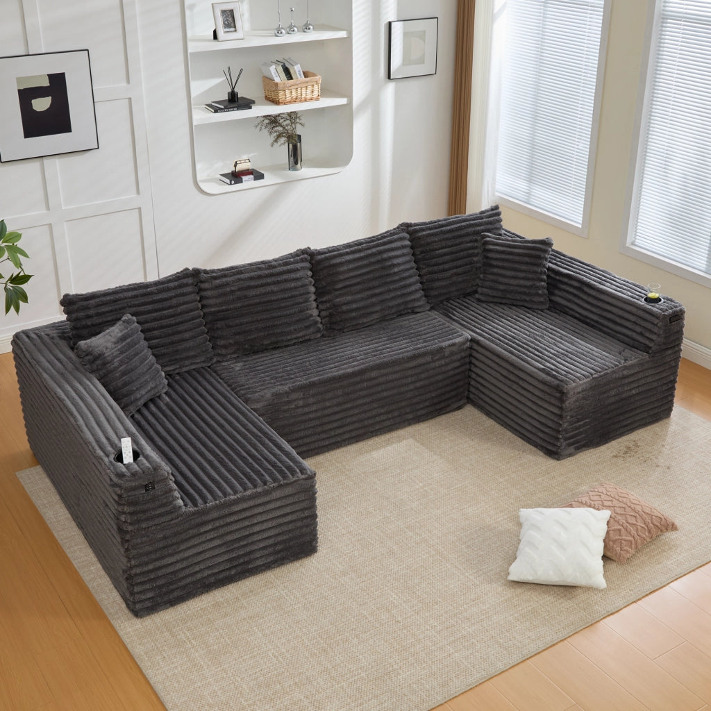 Divano a U in Corduroy con Porta Bicchieri, Tasche Laterali e Cuscini, 320x155x88 cm, Ergonomico per Soggiorno