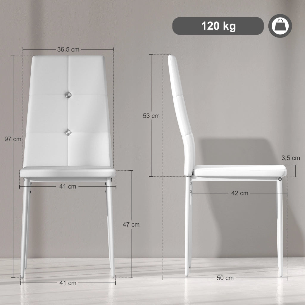 Set di 6 Sedie da Pranzo Imbottite ¨C Minimal ¨C Schienale Alto con Bottoni, Patte in Metallo, Colore Bianco
