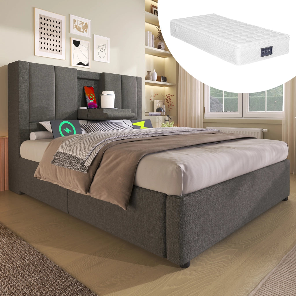 Letto singolo contenitore 90x200 cm in lino grigio