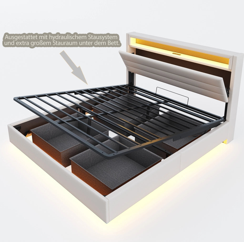 LETTO Imbottito 160x200 cm Beige con USB, LED e contenitore idraulico