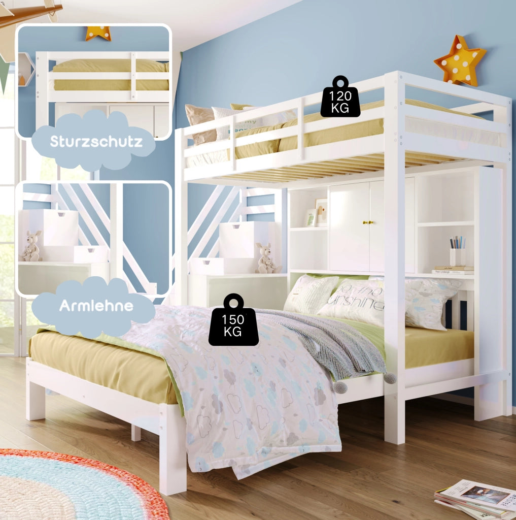 Letto a castello con scala contenitore, ripiani e tavolino mobile