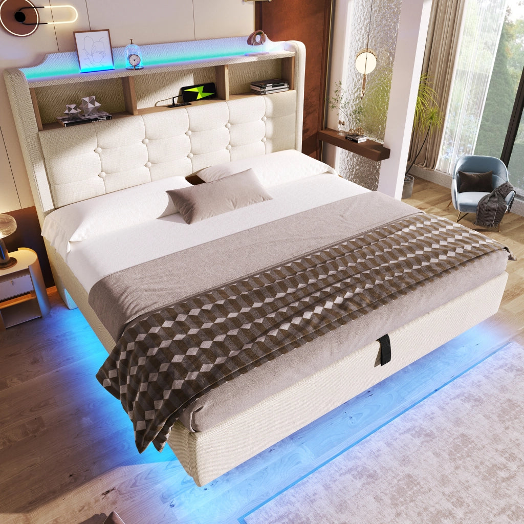Letto imbottito 140x200 cm beige con LED, vano idraulico e USB