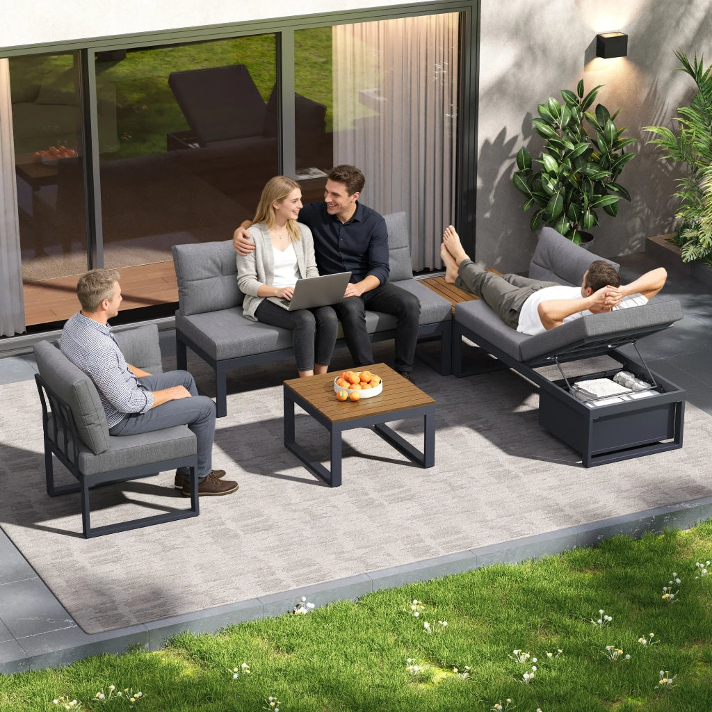Set mobili da giardino multifunzione, schienale regolabile a 3 livelli con funzione reclinabile, cuscini spessi, vano portaoggetti, rivestimento in poliestere resistente alle intemperie, grigio scuro