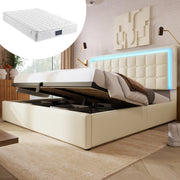 Letto contenitore 160 × 200 cm con materasso LED e rete a doghe rivestito in PU bianco con sollevamento idraulico