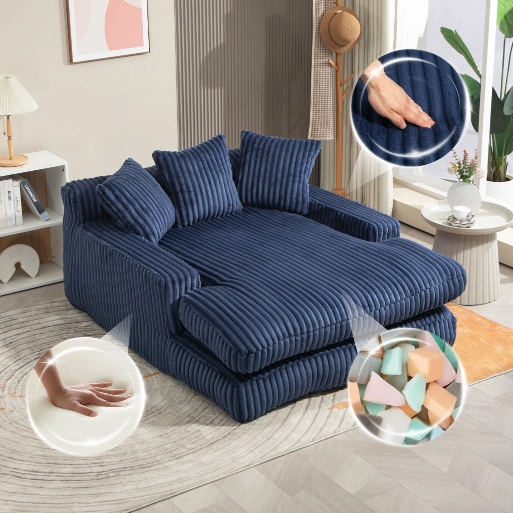 Chaise longue da interno 125x155x63 cm in velluto a coste blu navy con 3 cuscini